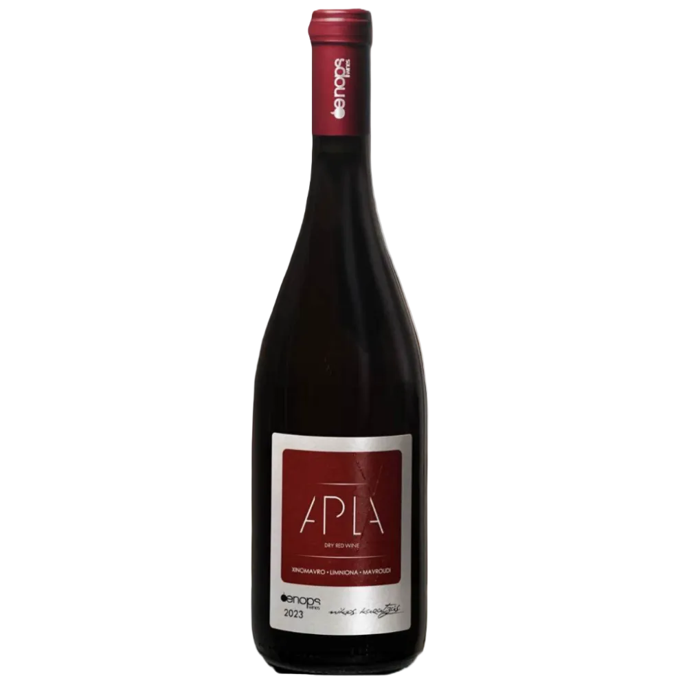 A bottle of Enoga APIA dry red wine, featuring a dark glass bottle with a red foil capsule and a white and red label, set against a plain white background.