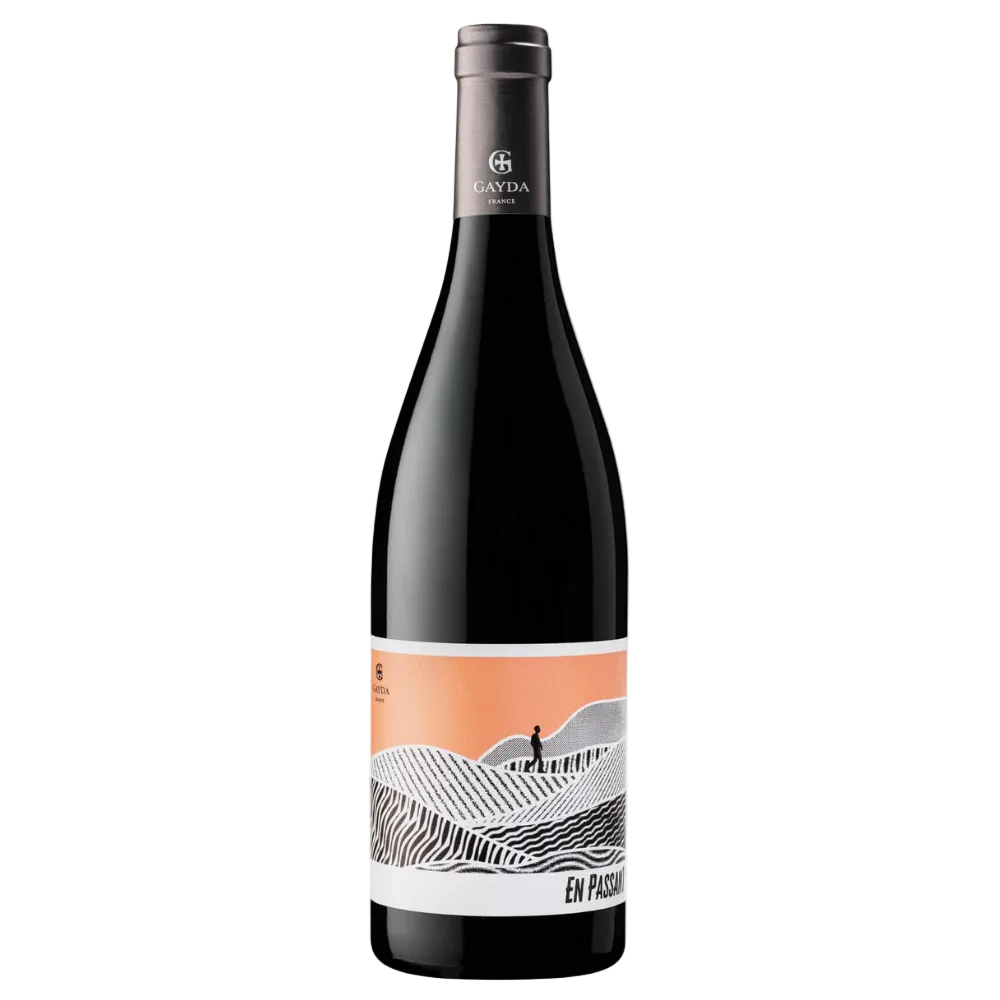 A bottle of En Pasion red wine by the brand Goya, featuring a dark glass bottle with a black cap and a label that has a peach-orange top section and a black-and-white illustrated landscape design.