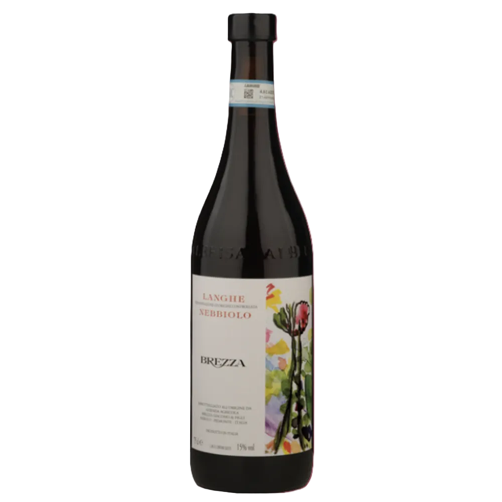 A bottle of Brezza Langhe Nebbiolo wine with a white label featuring a colorful floral illustration, set against a plain white background.