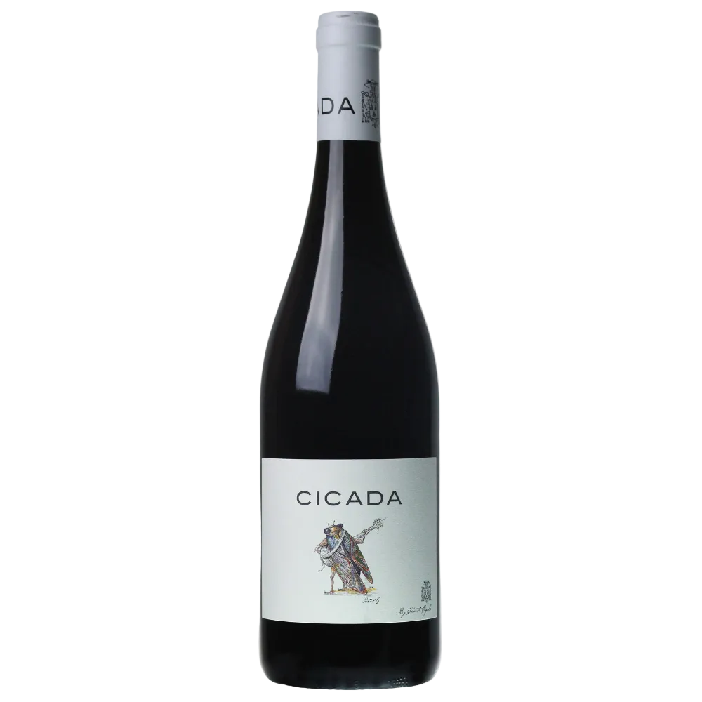 A bottle of Cicada red wine with a dark glass body, a white label featuring a knight illustration, and a white capsule neck seal on a plain white background.