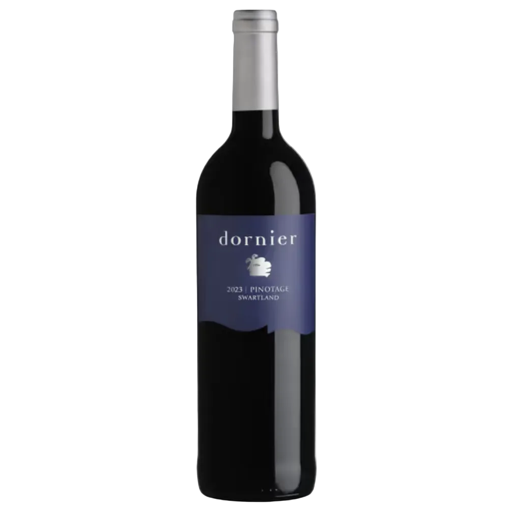 A bottle of Dornier 2023 Pinotage Swartland red wine, featuring a dark glass bottle with a dark purple label and a silver foil neck capsule, set against a plain white background.
