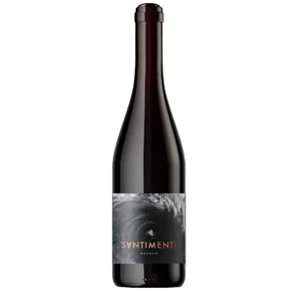 A bottle of Syntimenti Malbec wine with a dark label featuring a swirling gray and black pattern, set against a plain white background.