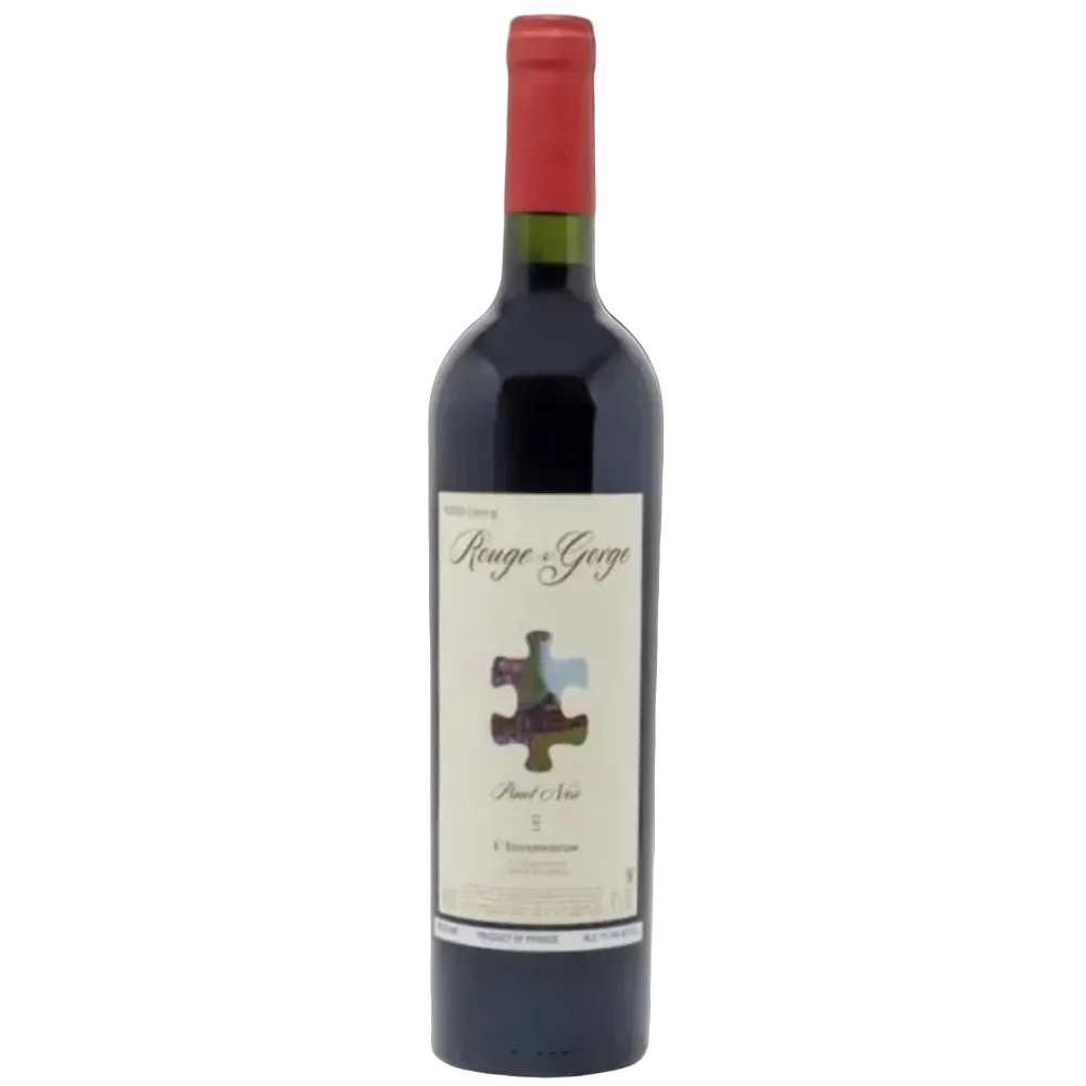 A bottle of Rouge Georges Redge Paul Satin red wine with a cream-colored label and a red foil cap, isolated on a white background.
