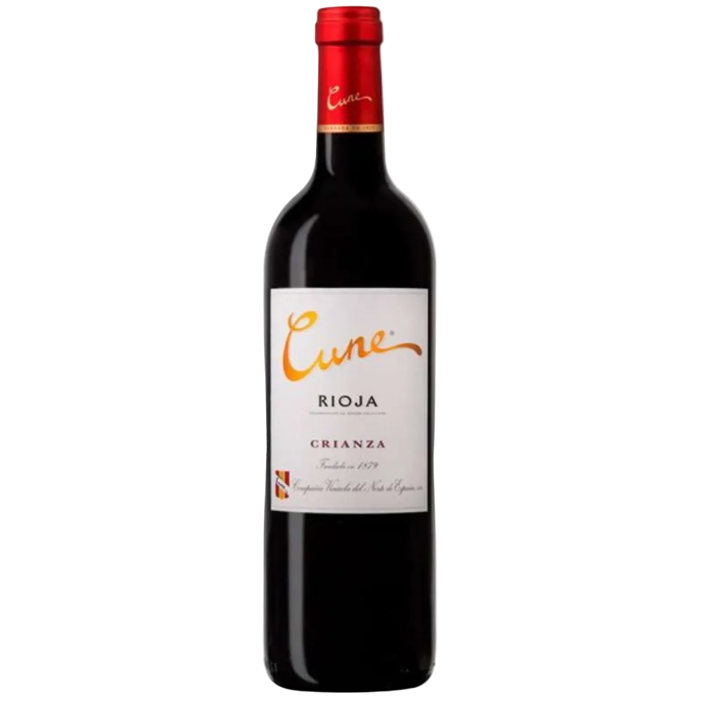A bottle of Cune Rioja Crianza red wine with a white label and a red foil cap, isolated on a white background.