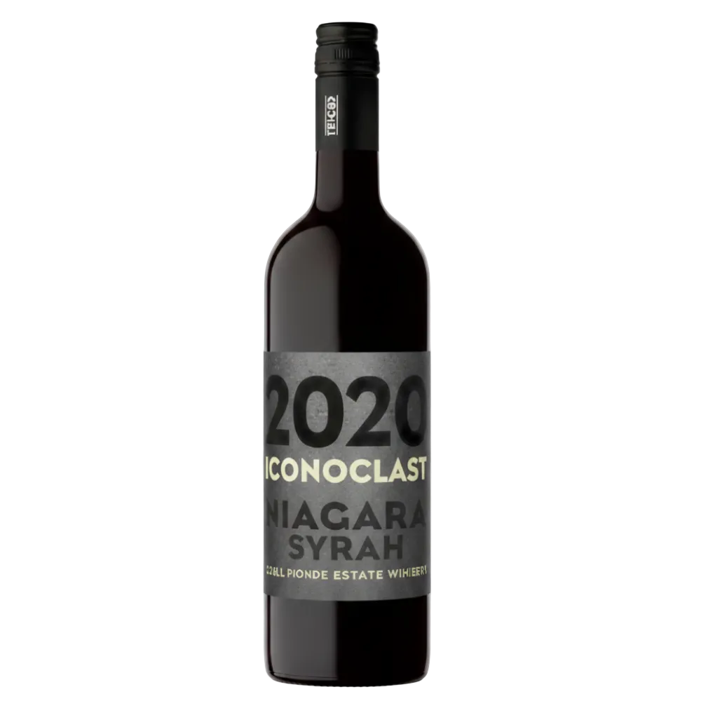 A bottle of 2020 Iconoclast Niagara Syrah wine from Coal Ponde Estate Winery, featuring a dark glass bottle with a black cap and a gray label with black and gold text.