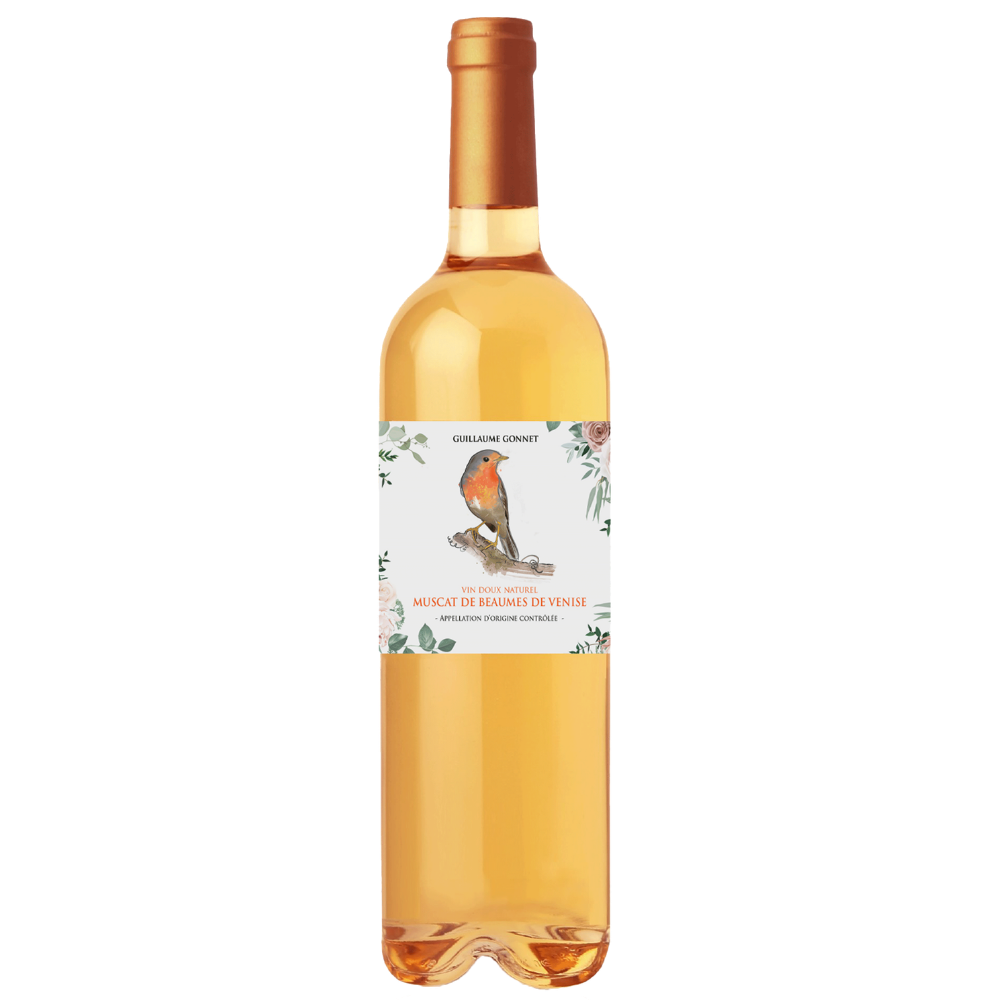 A bottle of Clairetine Genovés Rosé de Josas de Venede rosé wine, featuring a white label with a colorful robin bird illustration and a gold foil neck wrap, set against a plain white background.