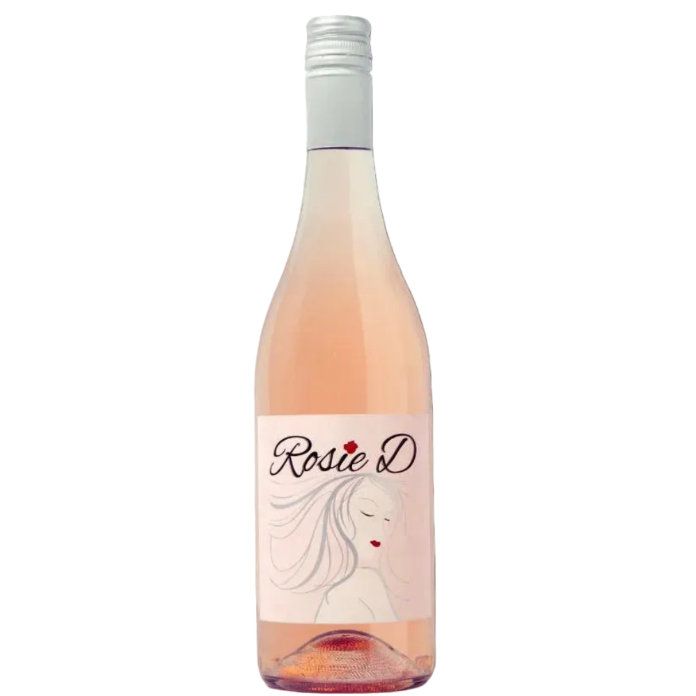 A bottle of Rosie D rosé wine with pale pink liquid, a white label featuring a stylized woman illustration, and a silver screw cap, shown on a plain white background.