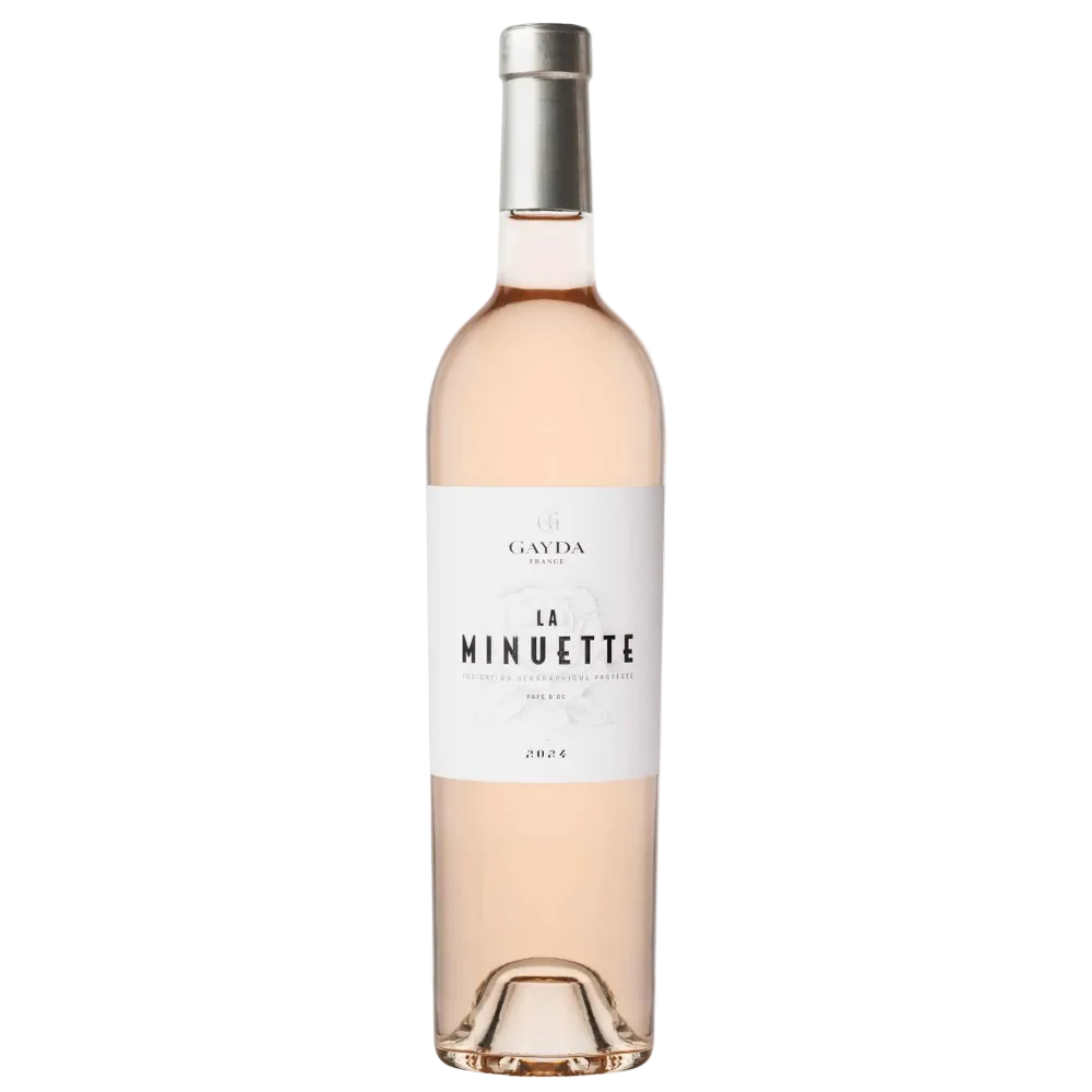 A bottle of La Minuette Rosé Red by Gavaia, featuring a pale pink rosé wine liquid, a white label with black text, and a silver foil-wrapped neck, set against a plain white background.
