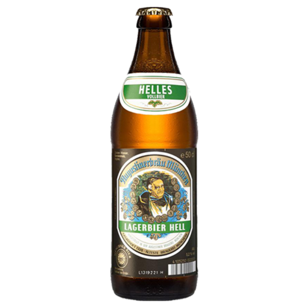A 500 ml brown glass bottle of Helles Vollrigter Lagerbiert Hell beer, featuring a green and white neck label and a detailed circular label on the front.