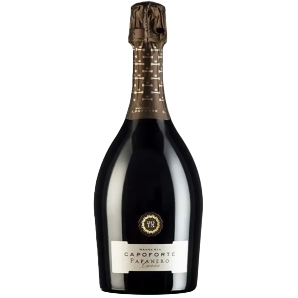 A bottle of Papanero Capoforte sparkling wine with a dark glass body, gold foil, and a white label on a plain white background.