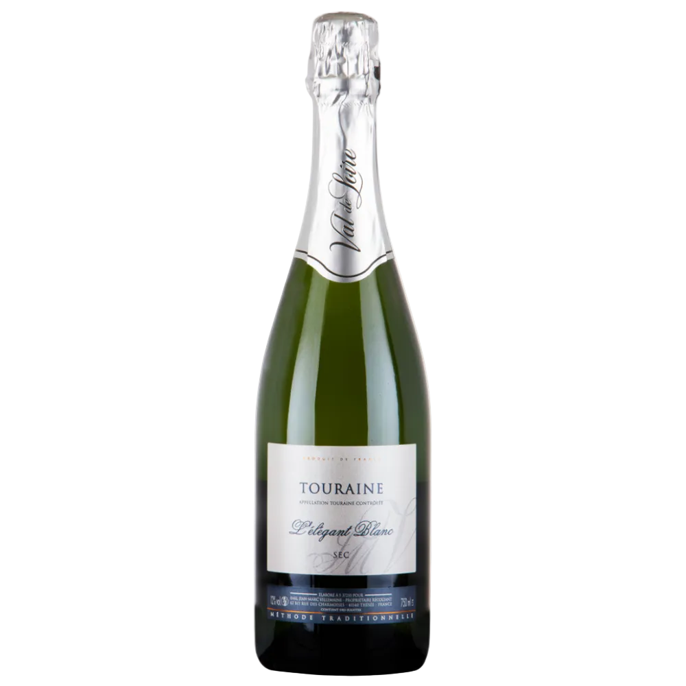 A bottle of Val de Marne Touraine sparkling wine, featuring a dark green glass bottle, silver foil neck wrap, and a white label with blue text, set against a plain white background.