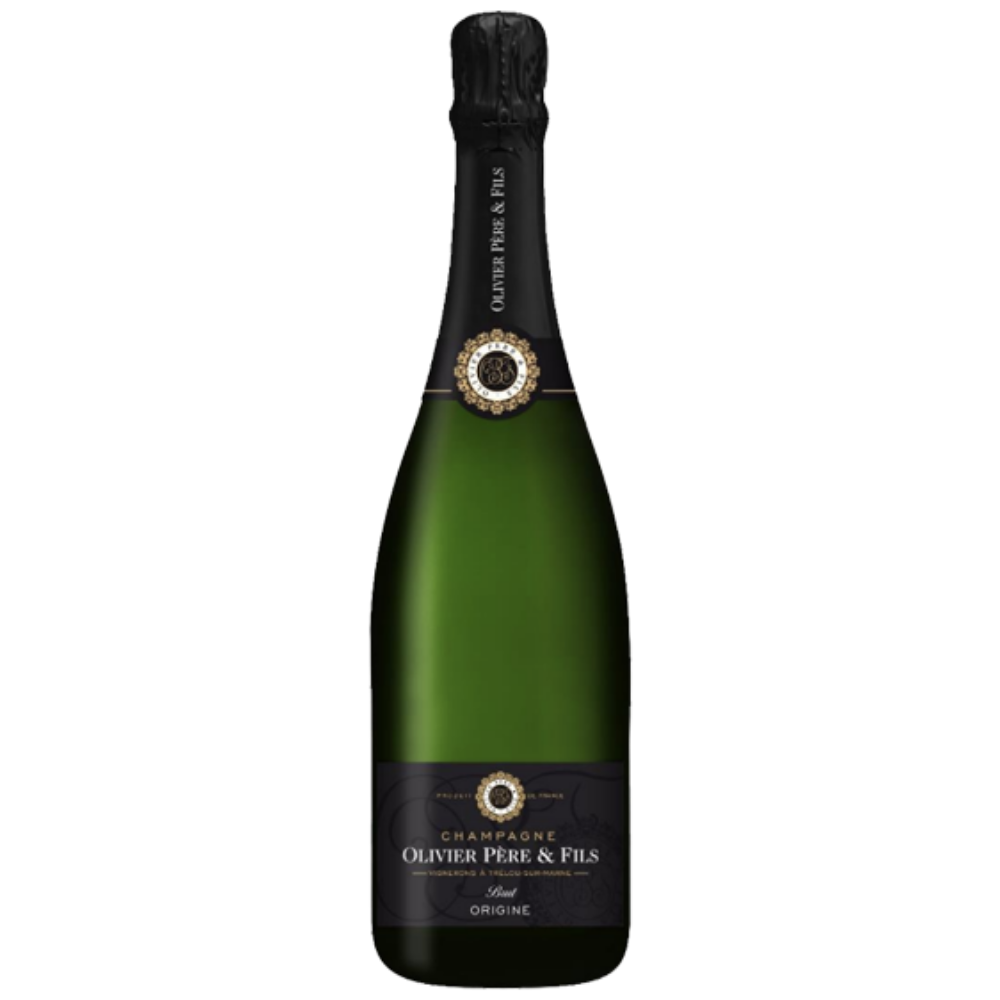 A bottle of Olivier Pere & Fils Champagne Brut Non-Alcoholic, featuring a dark green glass bottle, black foil neck, and a dark label with gold and white details, set against a plain white background.