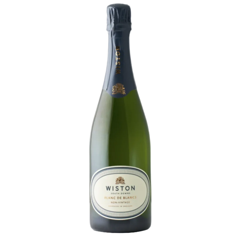 A bottle of Wiston South Downs Blanc de Blancs Non-Intoxicant sparkling wine, featuring a dark green glass bottle, dark blue foil, and a cream-colored oval label.