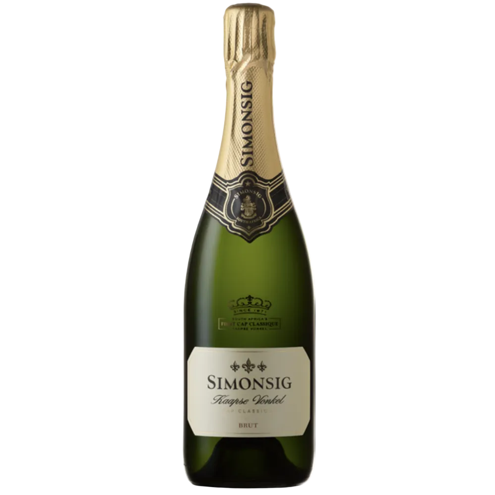 A bottle of Simonsig Tigeon Brill Classique Brut sparkling wine, featuring a dark green glass bottle, a gold foil neck wrap, and a cream-colored label.
