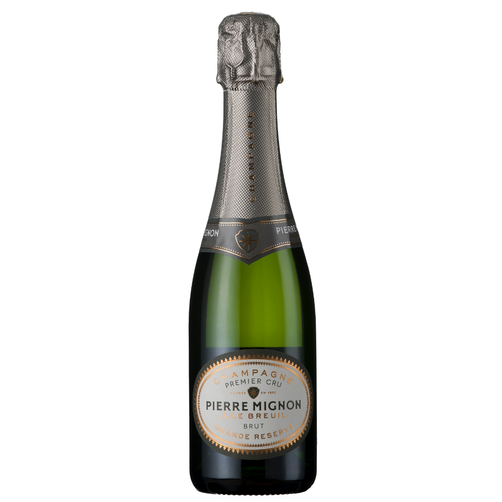 A bottle of Pierre Mignon Crédit Brut Champagne Grand Reserve, featuring a dark green glass bottle, a textured silver foil neck, and a gold and white label.