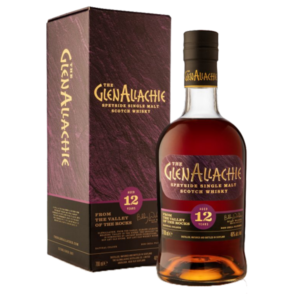 A bottle of The Glen Allachie 12 Year Old single malt Scotch whisky stands in front of its matching dark purple packaging box on a plain white background.
