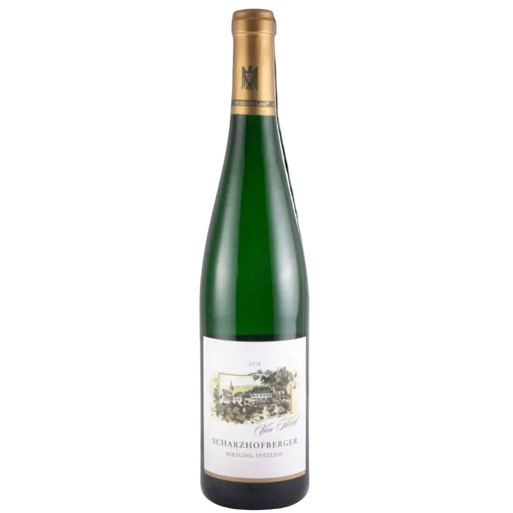 A bottle of Scharzhofberger Riesling Alkoholfrei non-alcoholic wine with a dark green glass bottle, gold foil, and a white label featuring a vintage illustration.