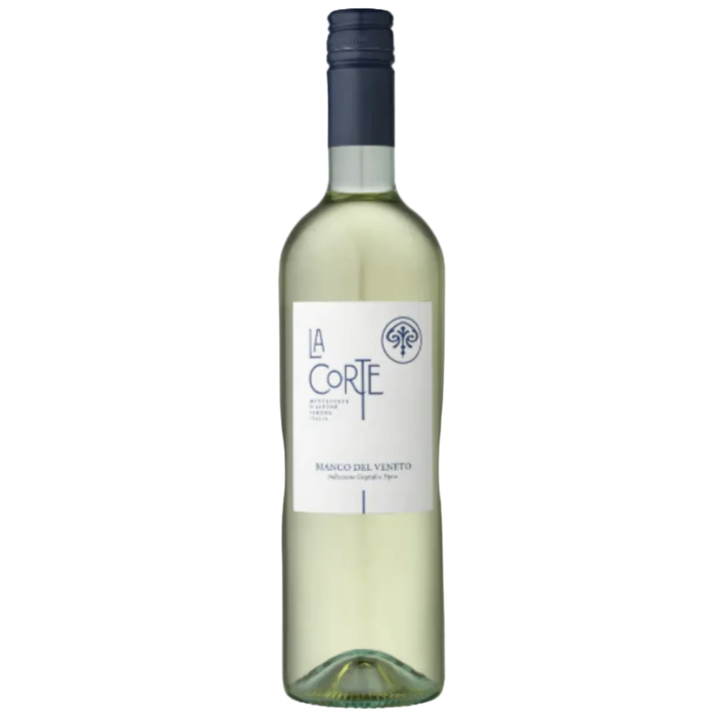 A bottle of La Corte Bianco del Vento white wine, featuring a pale greenish-white liquid, a white label with blue text, and a dark blue-gray screw cap, isolated on a white background.