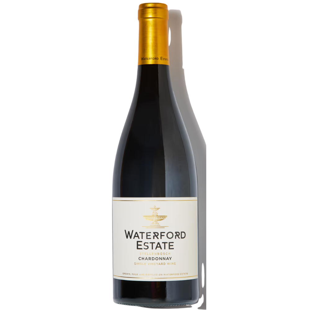 A bottle of Waterford Estate Red Label Chardonnay single vineyard wine, featuring a dark glass bottle with a gold foil capsule and a cream-colored label, set against a plain white background with a soft shadow.