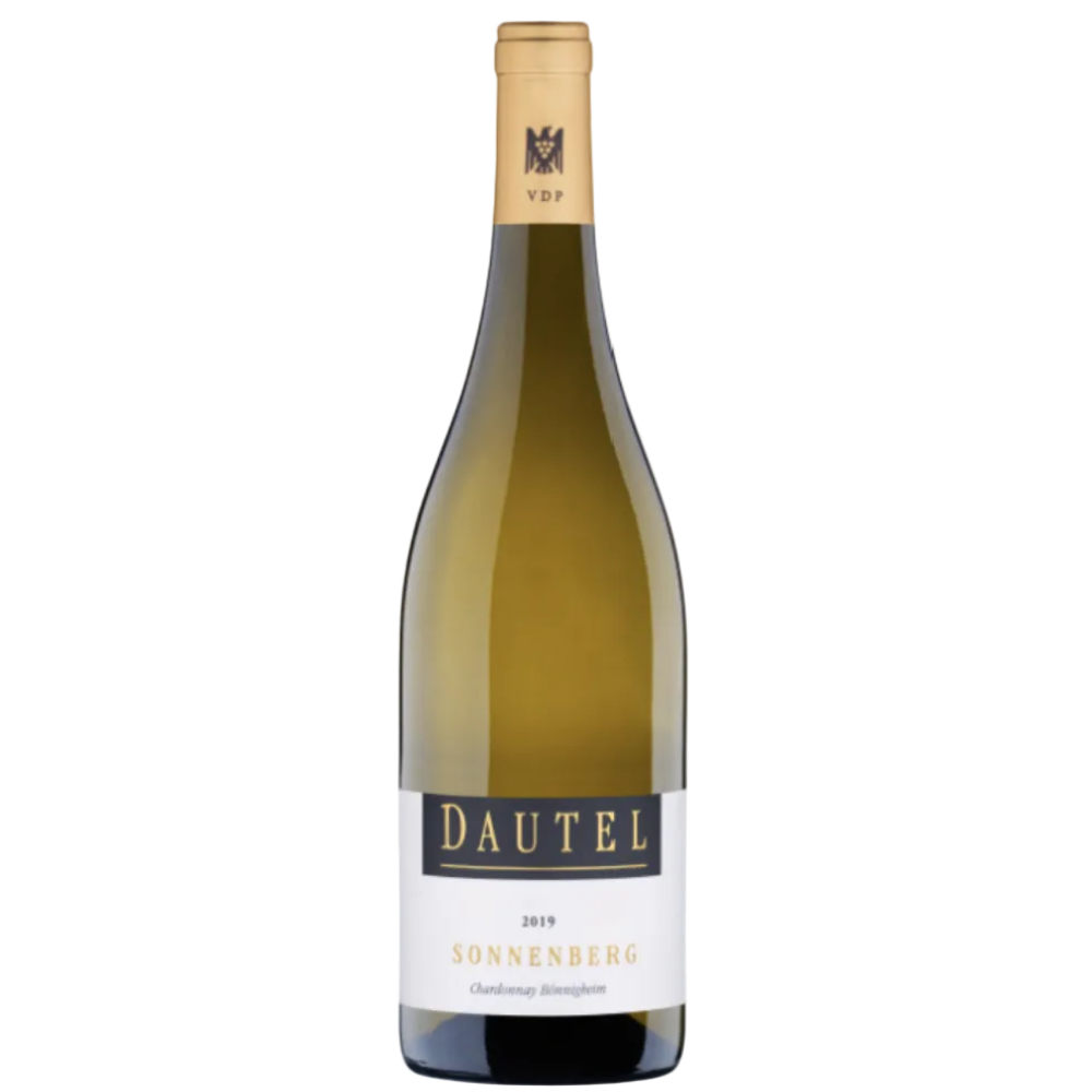 A bottle of Dautel Sonnenberg white wine with a gold foil top and a white label, isolated on a white background.