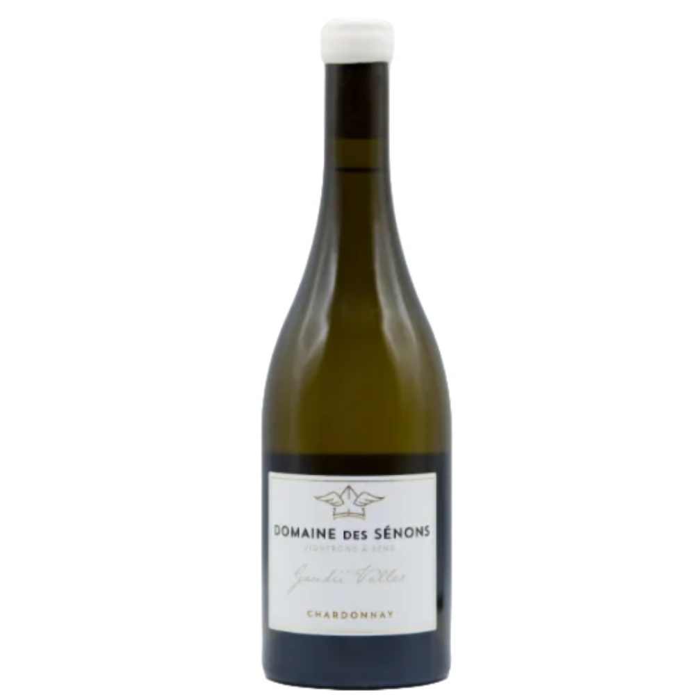 A bottle of Domaine des Sénons Chardonnay with a white label and white screw cap, photographed against a plain white background.