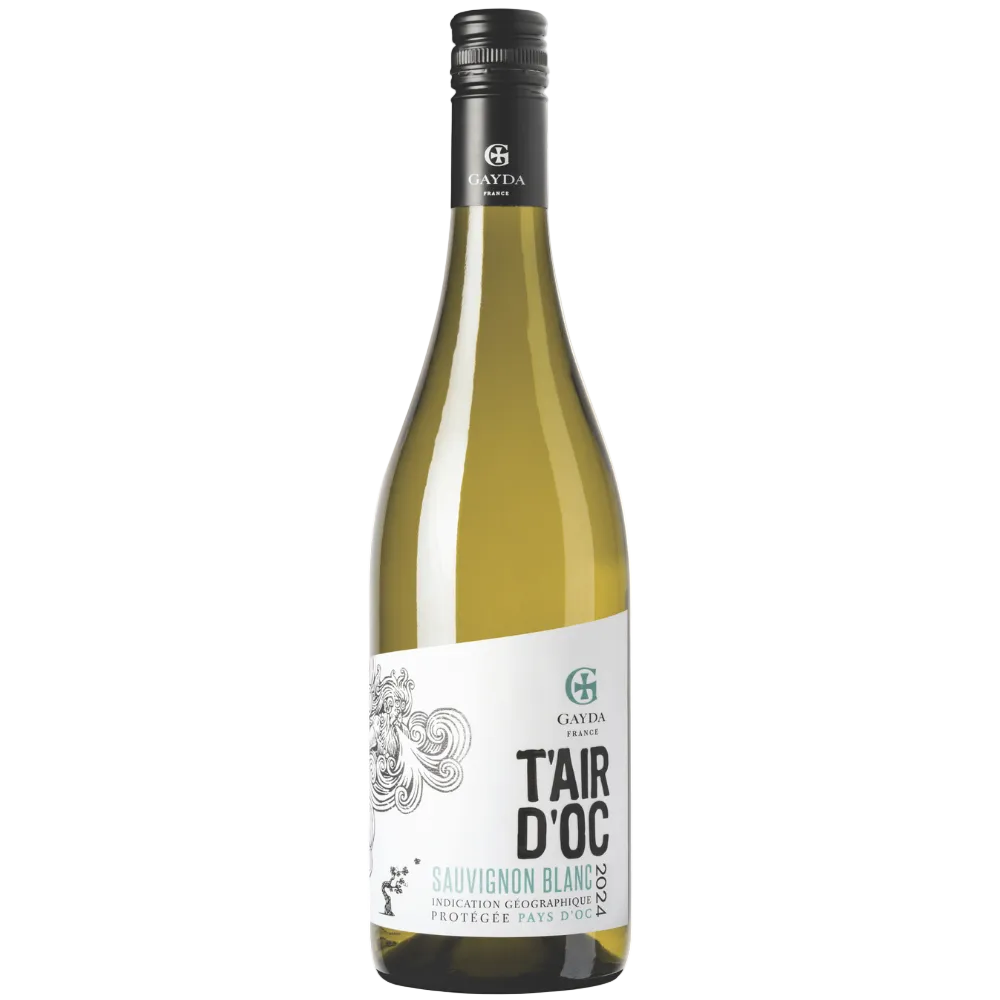 A bottle of Gaietà Tair d'Oc Sauvignon Blanc white wine, featuring a white label with black and green text, a black screw cap, and a pale yellow-green liquid inside, set against a plain white background.