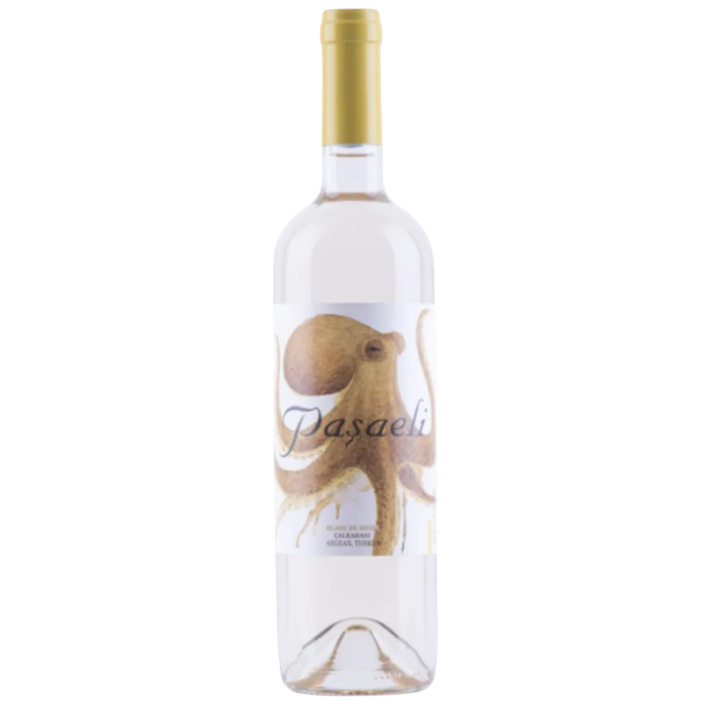 A bottle of white wine with a gold foil capsule and a white label featuring a tan octopus illustration and the brand name 'Pasaeli'.