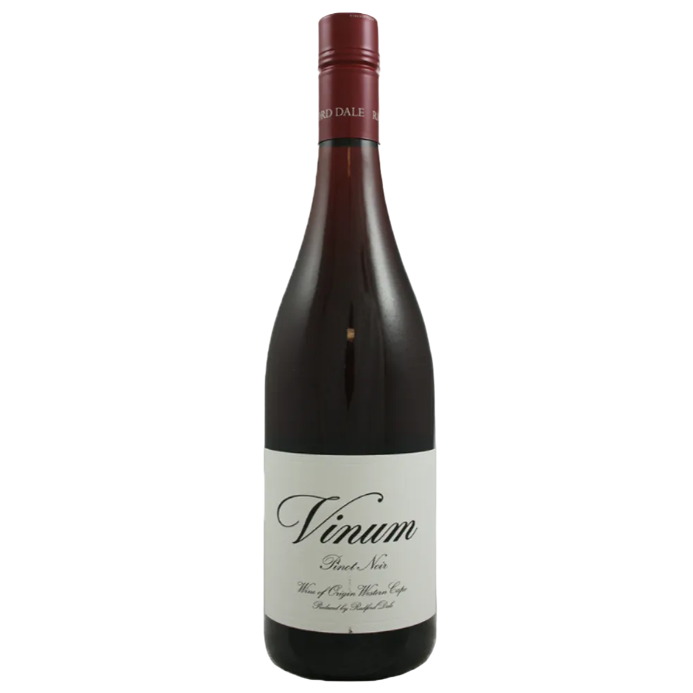 A bottle of Vinum Red Wine with a dark glass body, a white label with elegant black script, and a dark red foil capsule at the top, isolated on a white background.