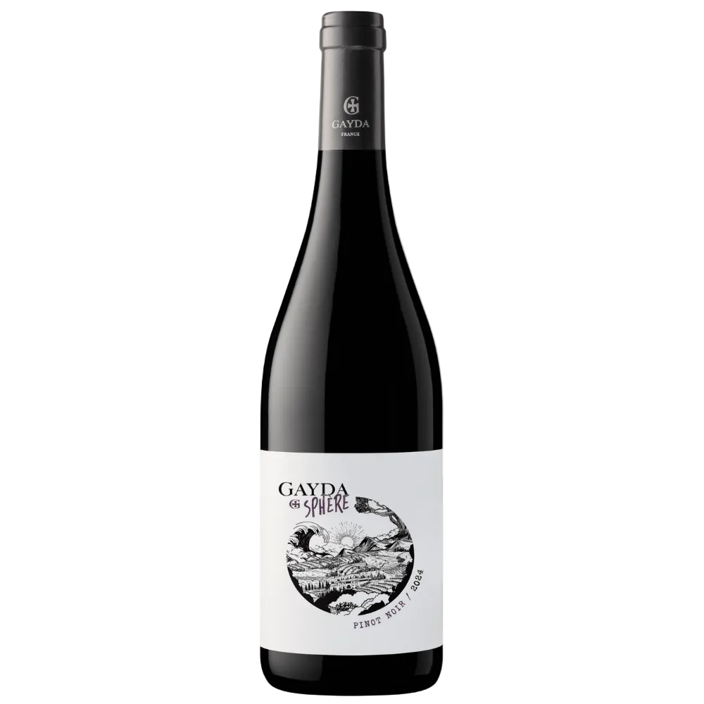A bottle of Gayda de Sphère Red Wine on a solid white background, featuring a dark glass bottle with a black neck capsule and a white label with black text and illustration.