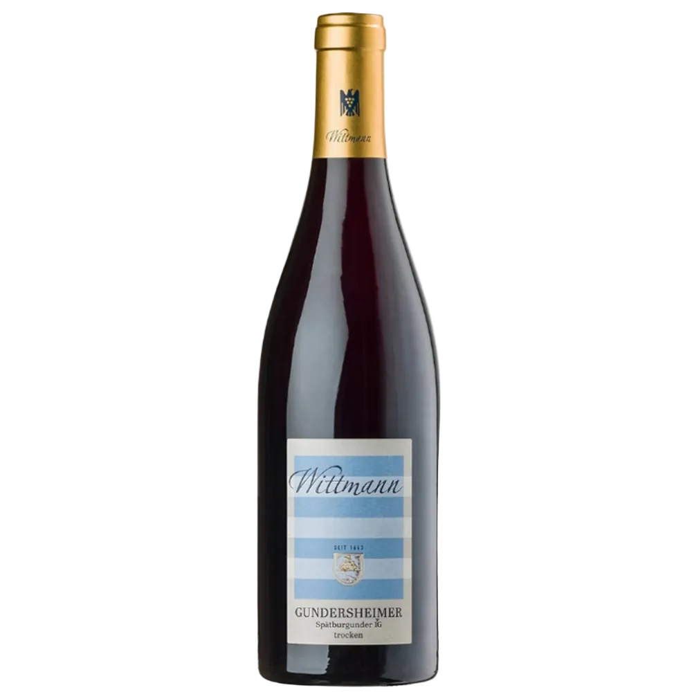 A bottle of Willmann Gundersheimer non-alcoholic red wine, featuring a dark glass bottle with a gold foil capsule and a light blue and white label.