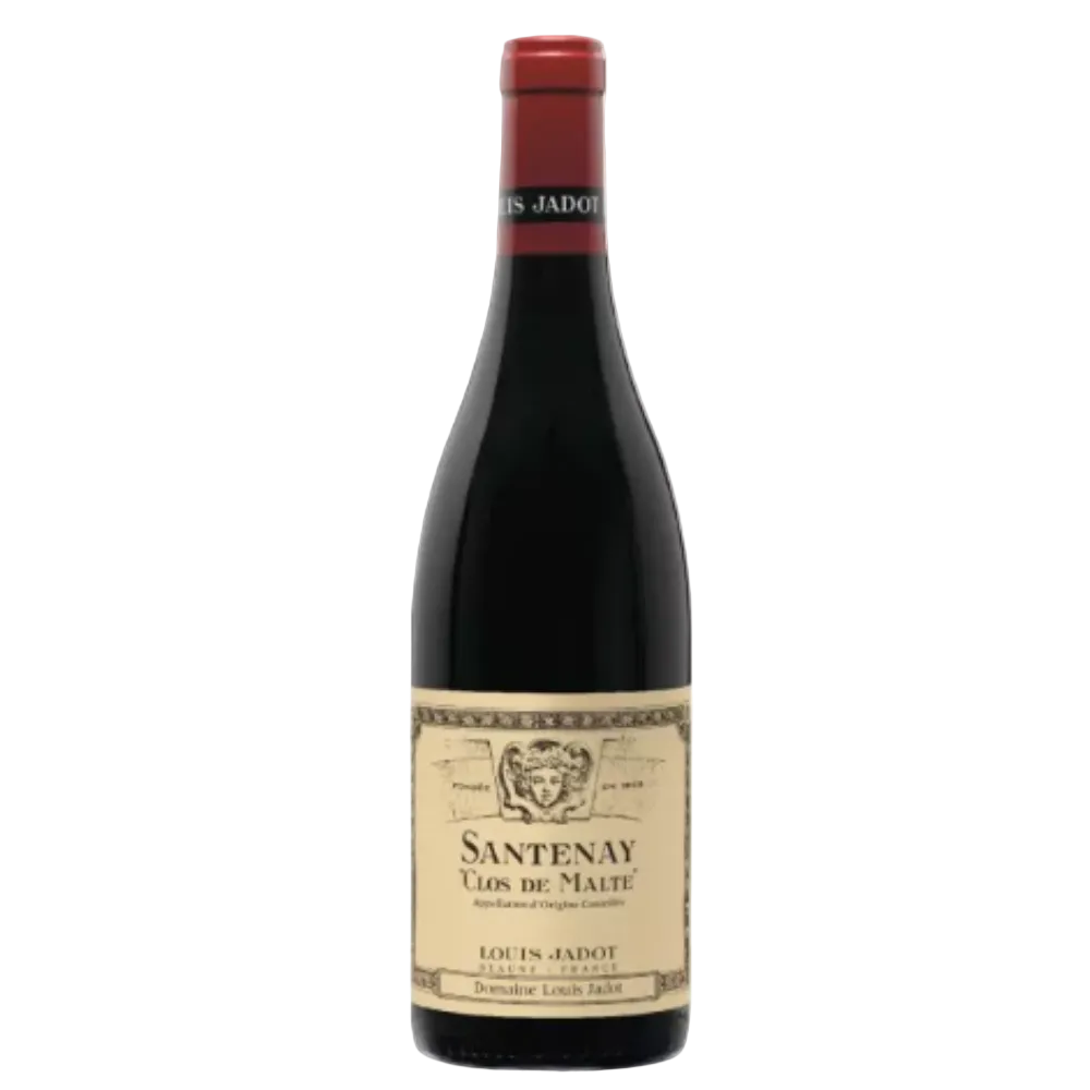 A bottle of Louis Jadot Santenay Uds de Malte red wine, featuring a dark glass bottle with a beige vintage-style label and a red foil capsule at the neck, set against a plain white background.
