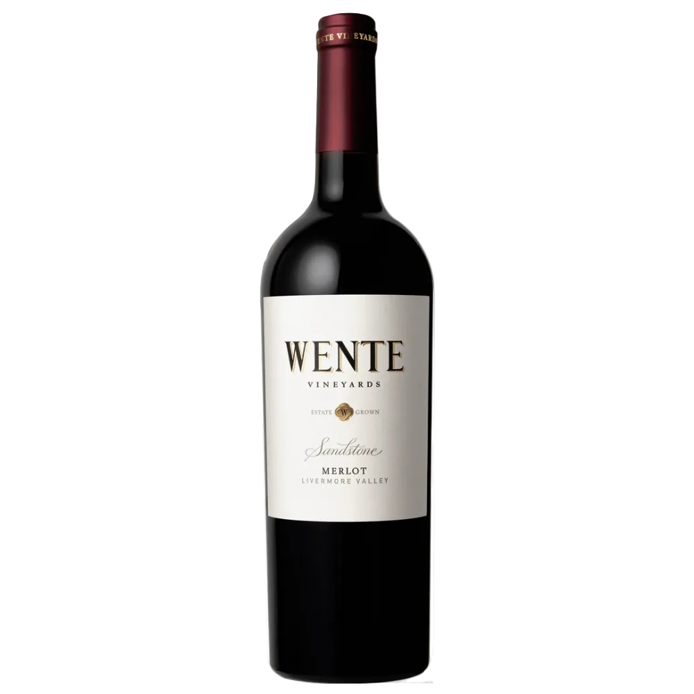 A bottle of Wente Vineyards Semillon Merlot red wine, featuring a dark glass bottle, a white label with gold lettering, and a dark red foil capsule at the neck, set against a plain white background.