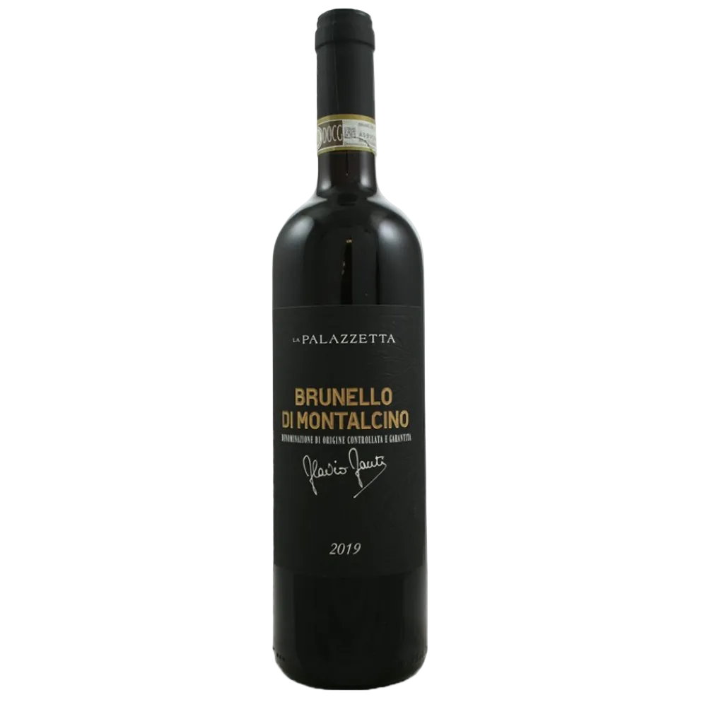 A bottle of La Palazzetta Brunello di Montalcino red wine, featuring a black label with gold and white text, set against a plain white background.