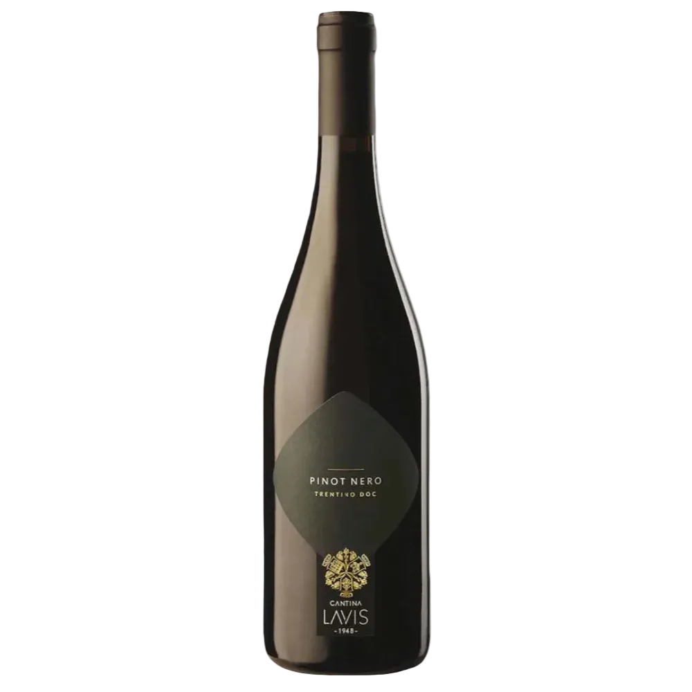 A bottle of Carolina Lavis Pinot Nero Framboiso Rosso red wine, featuring a dark glass bottle with a black cap and a dark greenish-gray label with gold lettering, set against a plain white background.