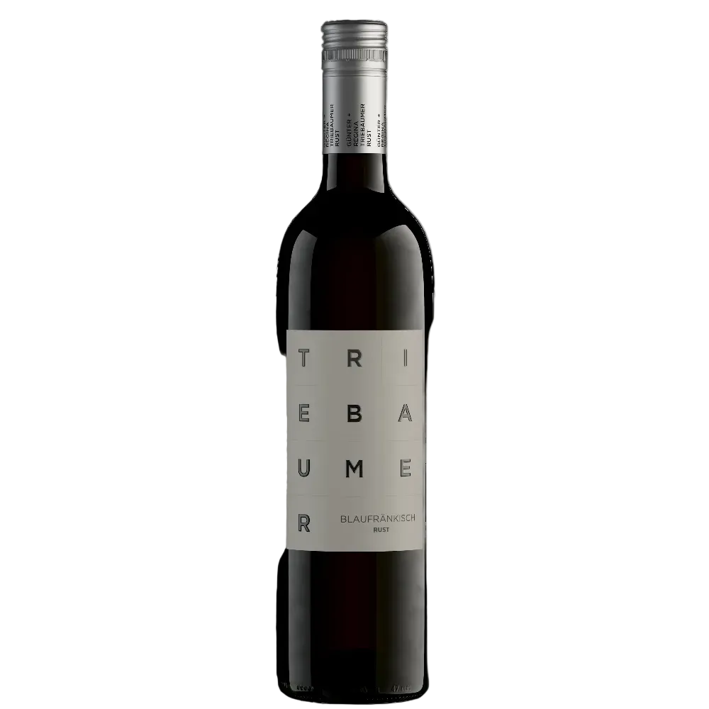 A bottle of Tribaume Blaufrancisch Riesling wine, featuring a dark glass bottle with a silver foil capsule and a light gray label with black lettering, isolated on a white background.