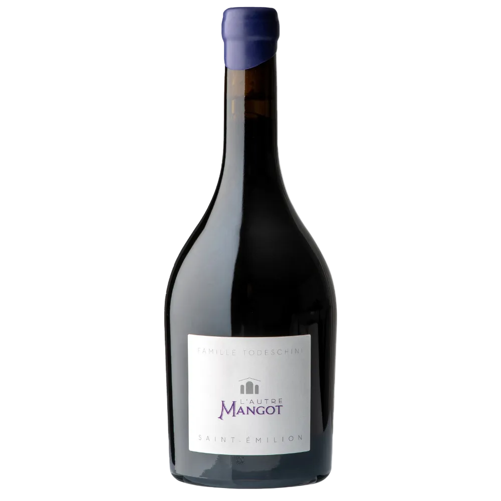 A large bottle of Autre Mangot Saint-Emilion red wine, featuring a dark glass body, a white label with purple lettering, and a purple foil seal on the neck, set against a plain white background.