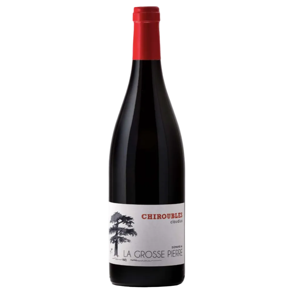 A bottle of La Crosse Pierre Chiroubles Charentais red wine, featuring a dark glass bottle with a red foil capsule and a white label with a black tree illustration.