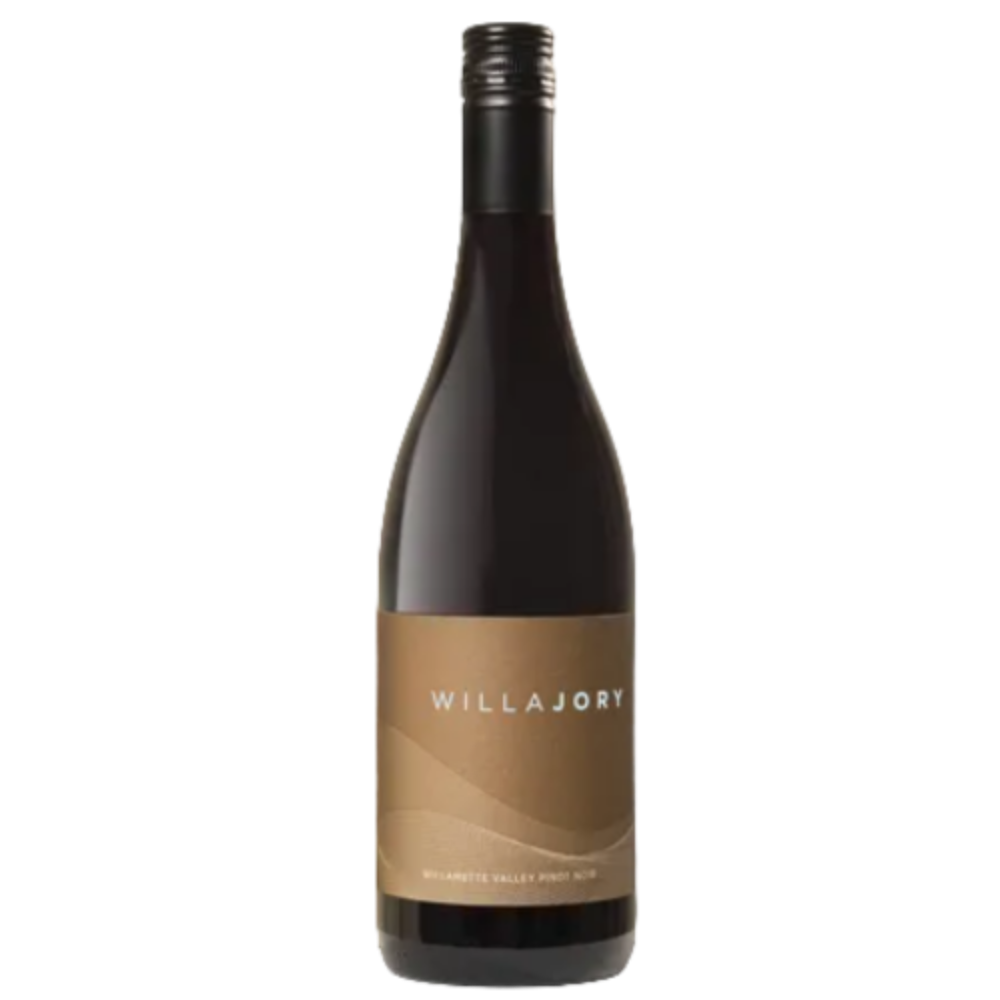 A bottle of Willajory Shiraz from Willamette Valley Winery, featuring a dark glass bottle with a tan label and a black screw cap, set against a plain white background.