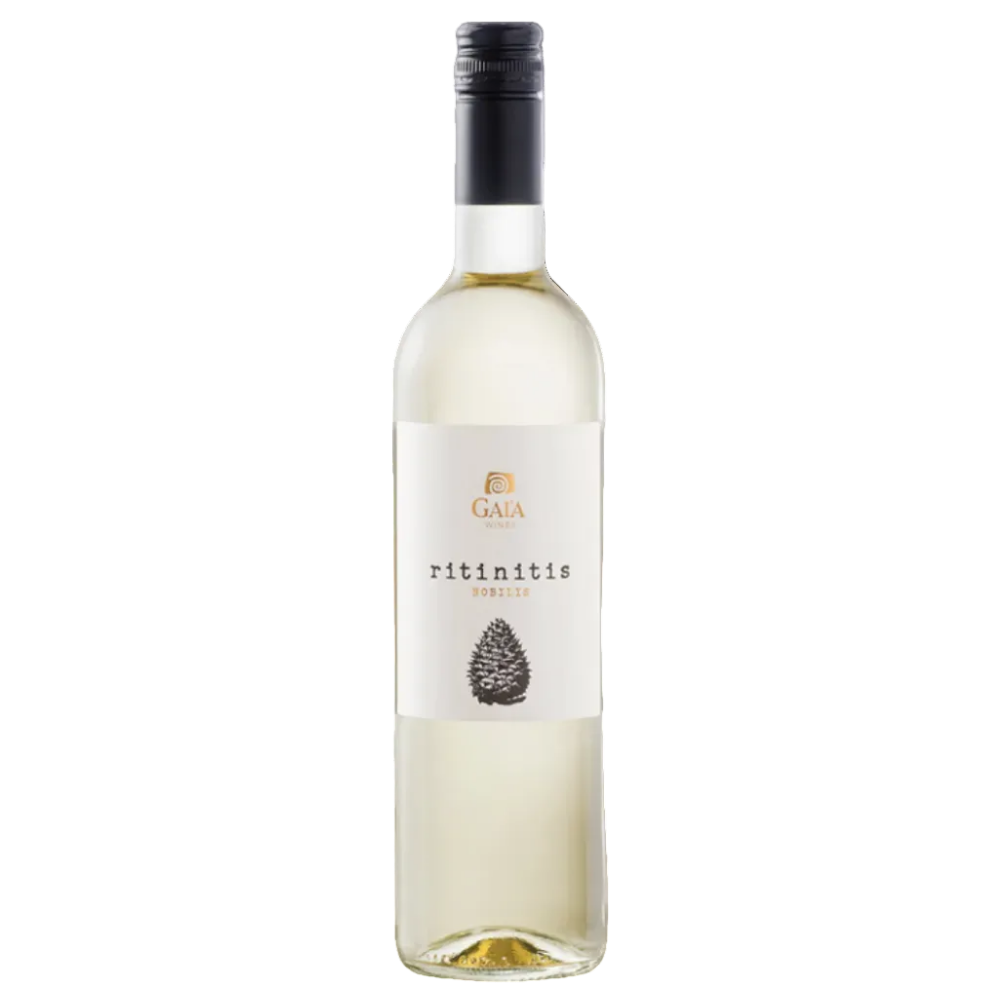 A bottle of Gaia Winery Ritinttis White wine, featuring a white label with a pinecone graphic and a black screw cap, set against a plain white background.