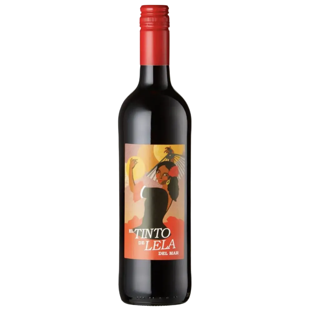 A bottle of red wine with a dark glass body, a red screw cap, and a colorful label featuring an illustration of a woman and the text 'EL TINTO DE LA LEA DEL MAR'.