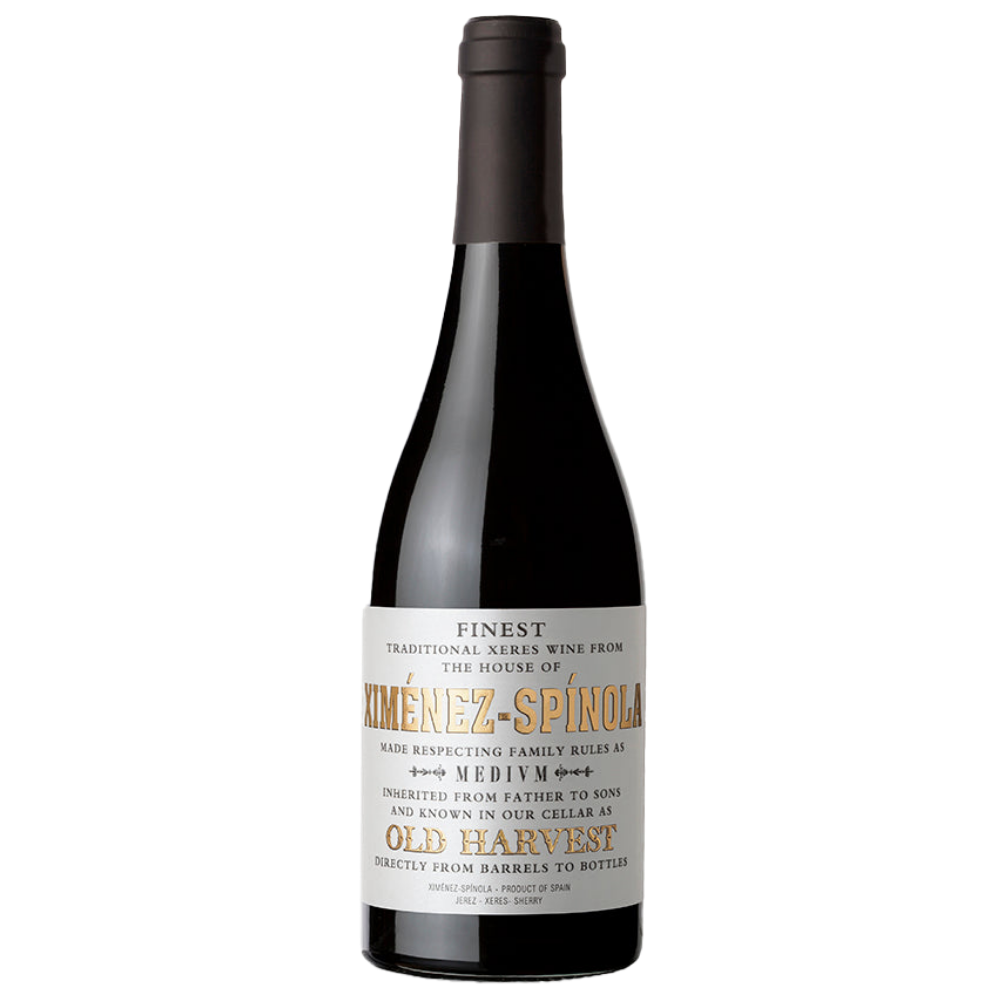 A bottle of Zímenes-Pinola Old Harvest traditional sherry wine, featuring a dark glass bottle with a black capsule and a white label with gold and black text, set against a plain white background.