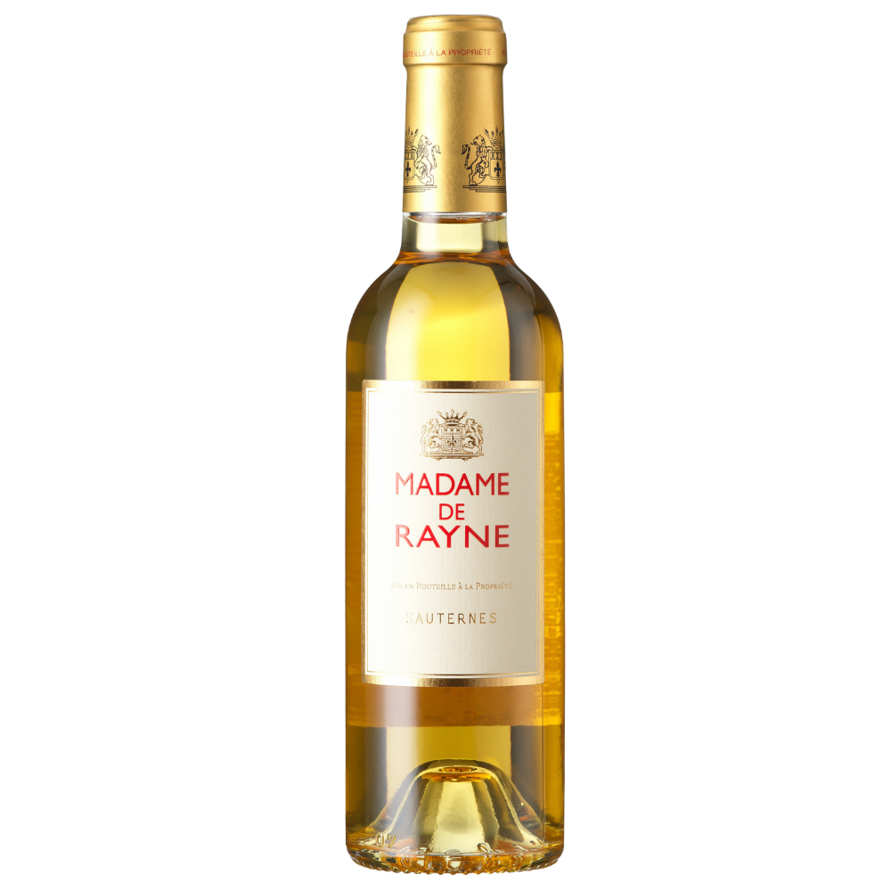 A bottle of Madame de Rayne Sauternes white wine with a gold foil neck and a cream-colored label featuring red text, set against a plain white background.