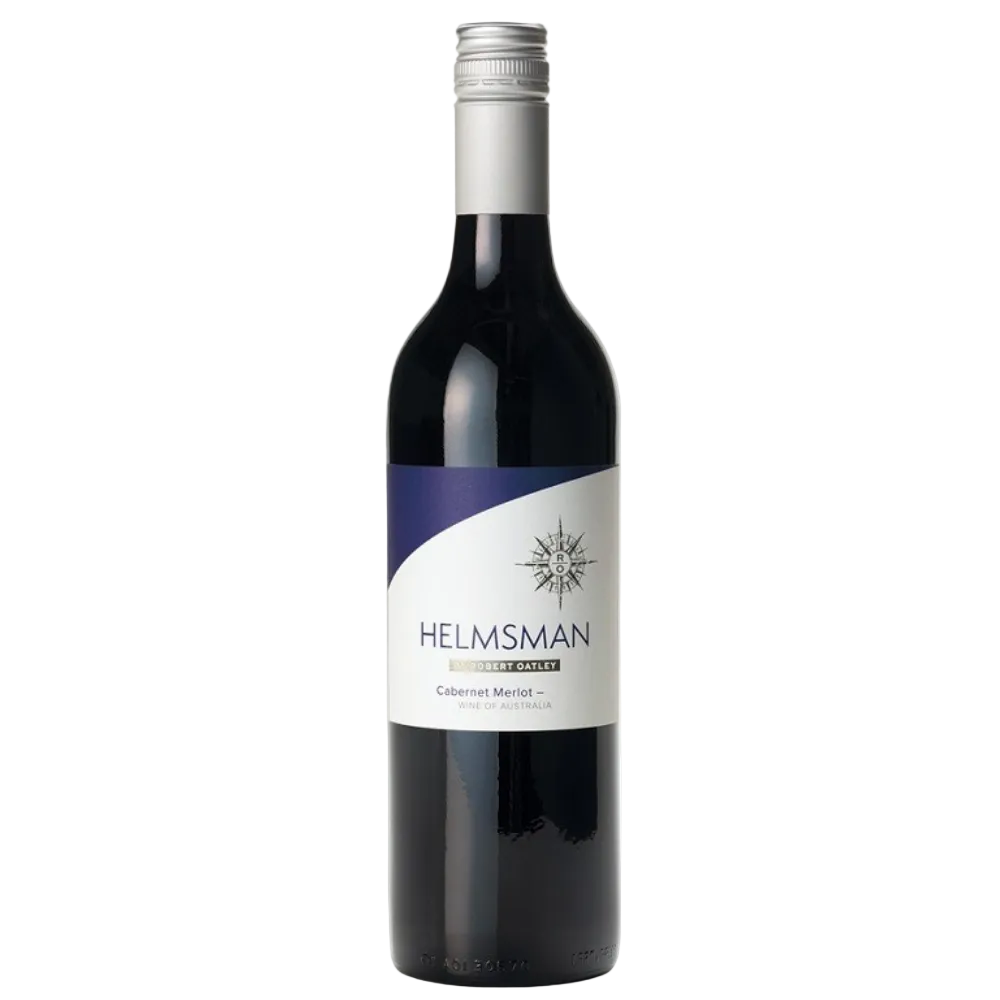 A bottle of Helmsman Cabernet Merlot from the Helmsman Cellar, featuring a dark glass bottle with a white and purple label and a silver screw cap, set against a plain white background.