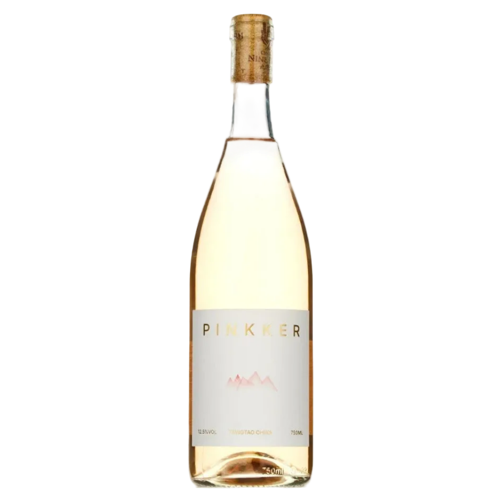 A bottle of Pinkker Rosé Red wine with a light pink label and gold foil cap, shown against a plain white background.