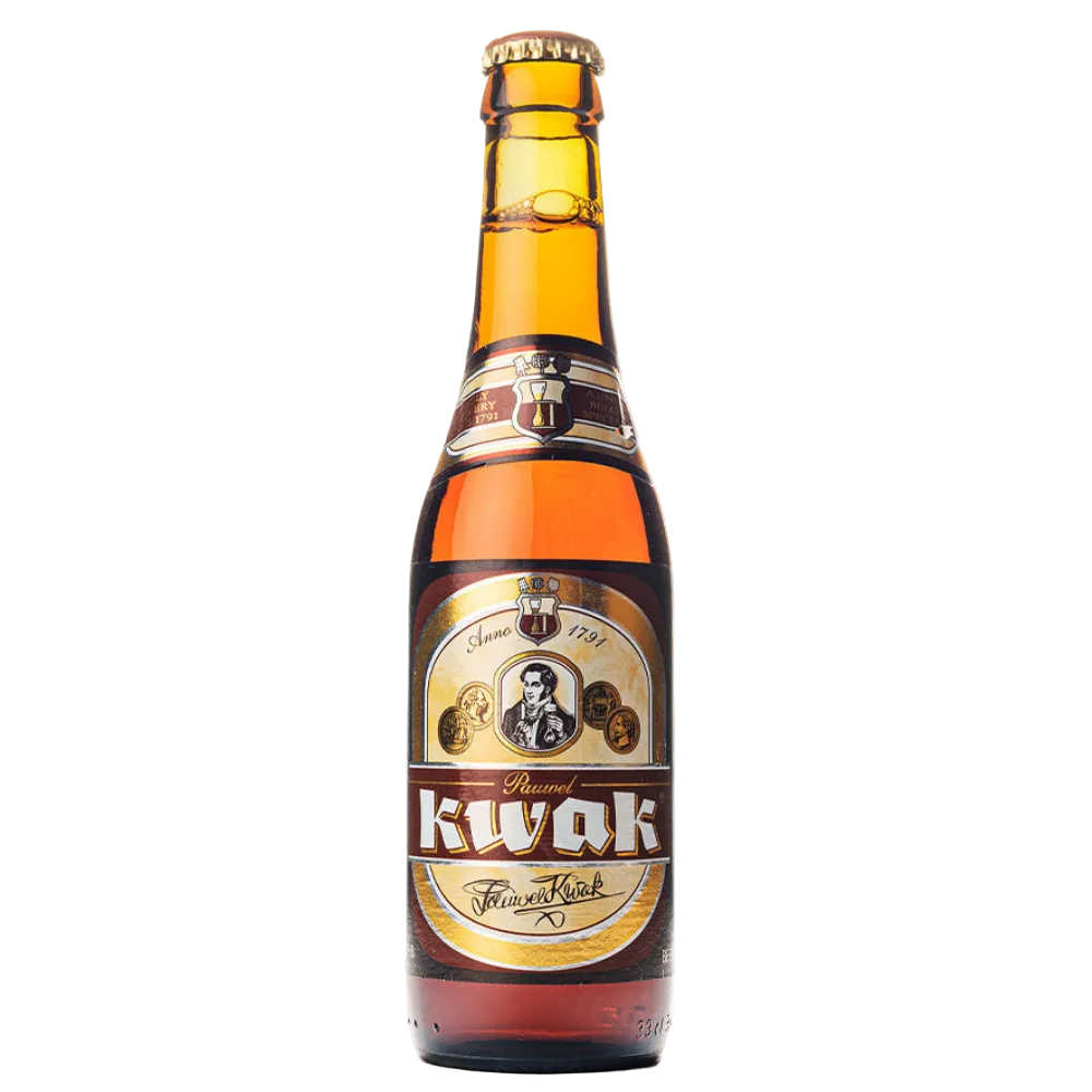 A bottle of Kwak Rumored Straight Back beer, featuring an amber-colored liquid inside a brown glass bottle with a detailed vintage-style label, set against a plain white background.