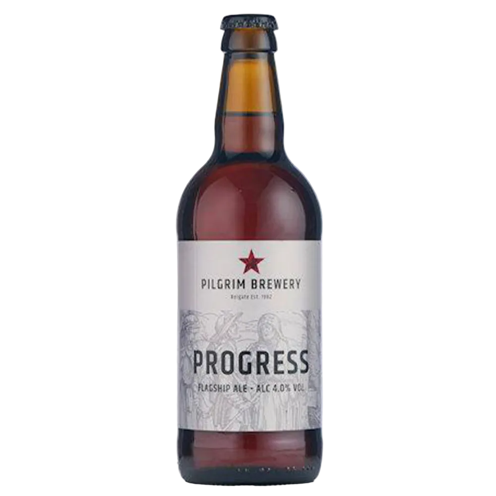 A bottle of Pilgrim Brewery Progress Flagship Ale, featuring a dark brown glass bottle with a white label and a red star logo, set against a plain white background.