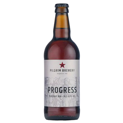 A bottle of Pilgrim Brewery Progress Flagship Ale, featuring a dark brown glass bottle with a white label and a red star logo, set against a plain white background.