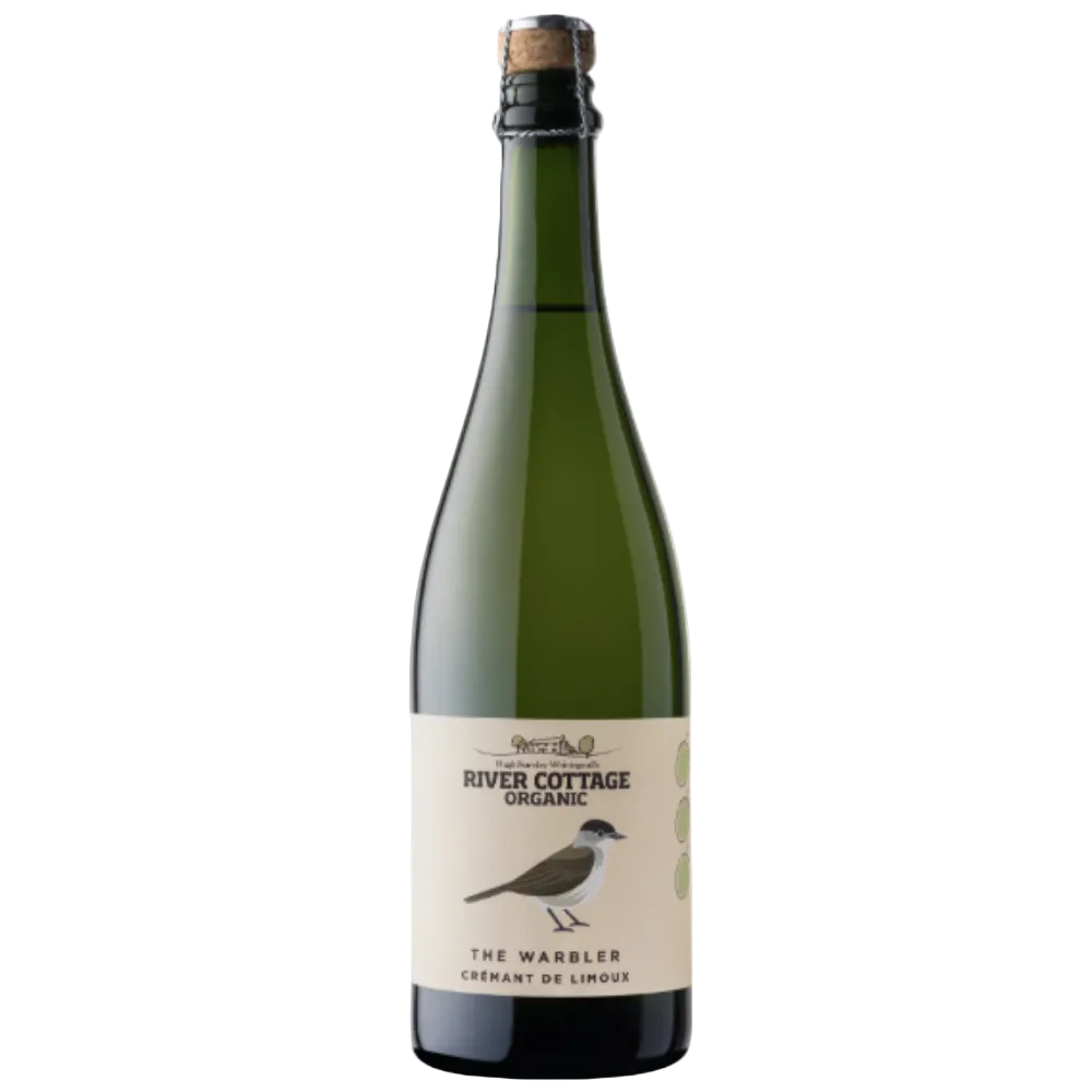 A bottle of River Cottage Organic sparkling wine, featuring a dark green glass bottle with a beige label and a cork seal, set against a plain white background.