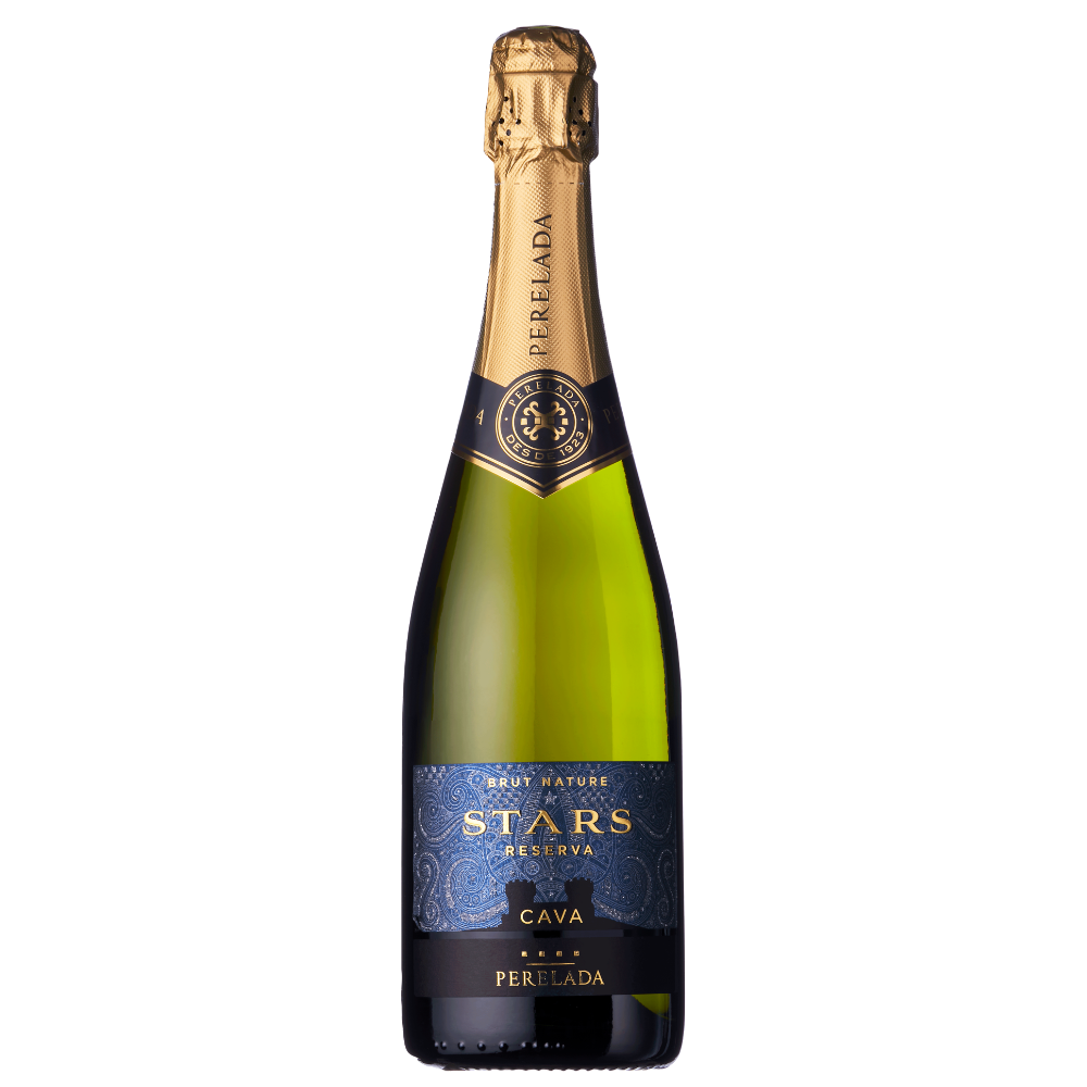 A bottle of Perelada Stars Reserva Cava sparkling wine, featuring a dark green glass bottle, gold foil on the neck, and a blue and gold label, isolated on a white background.