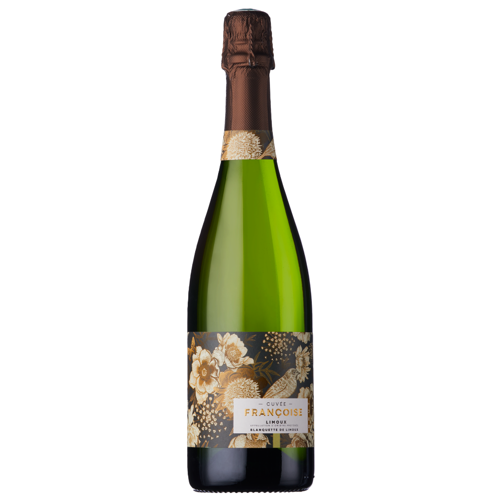 A bottle of Franchoise Rose sparkling wine with a dark floral label and a brown paper neck wrap, set against a plain white background.